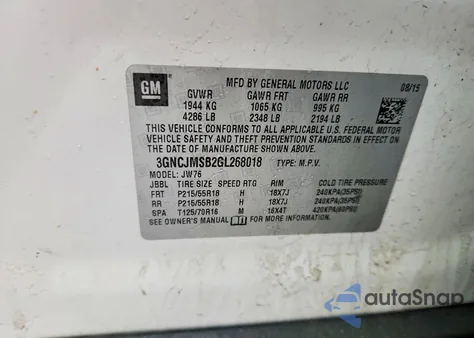 2016 Chevrolet Trax Ltz z USA, uszkodzony, nr VIN 3GNCJMSB2GL268018